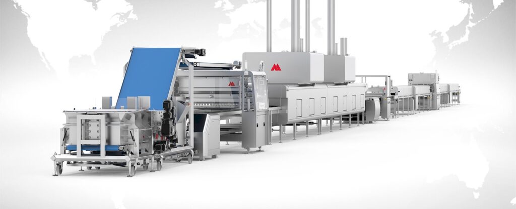 Aasted's complete bakery production line featuring the Alice extruder, SuperNova Energy tempering machine, Nielsen enrober, and AMC cooling tunnel with a global map background – highlighting advanced solutions for efficient chocolate and bakery production.