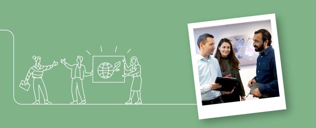 "Illustration of global collaboration and a photo of Aasted team members discussing sustainable solutions – highlighting Aasted's commitment to teamwork and environmental responsibility.