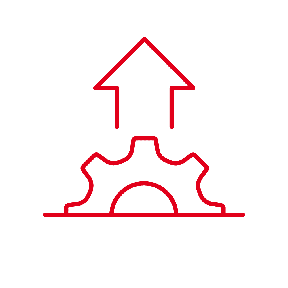 Red line icon of a gear with an upward arrow, symbolizing Aasted’s focus on innovation and operational efficiency in confectionery production