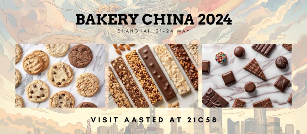 Bakery China 2024 promotional banner featuring cookies, chocolate bars, and confections – Aasted showcased innovative bakery and chocolate production solutions at booth 21C58 in Shanghai, May 21-24