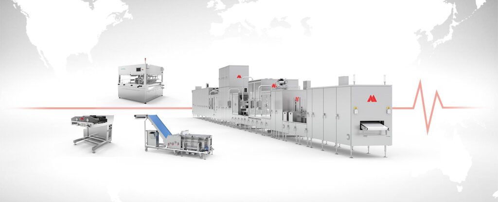 Aasted's advanced processing line featuring the SuperNova Energy tempering machine, Dough Feeder, Nielsen enrober, and AMC cooling tunnel with a global map background – showcasing innovative machinery for efficient chocolate and bakery production worldwide