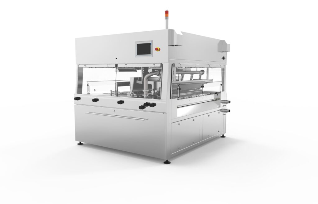 Aasted Nielsen Master Enrober, engineered for precision chocolate coating, ensuring seamless enrobing of confectionery products with a consistent and high-quality finish