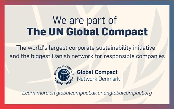 UN Global Compact membership badge highlighting Aasted's participation in the world's largest corporate sustainability initiative and Denmark's leading network for responsible companies.