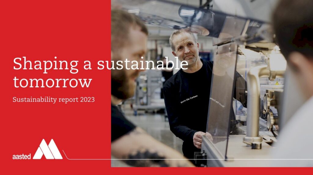 Cover of Aasted's Sustainability Report 2023, titled 'Shaping a Sustainable Tomorrow,' highlighting the company's commitment to sustainable practices in chocolate and bakery production